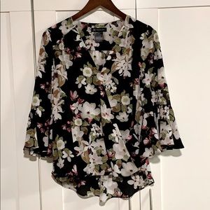 Floral Wrap Top with 3/4 Length Bell Sleeves